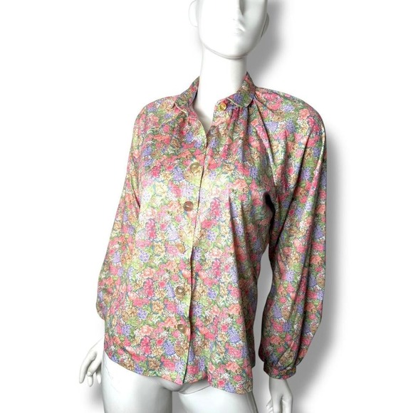 Tops - Vintage Floral top Pastel long sleeve grandma core button blouse Large